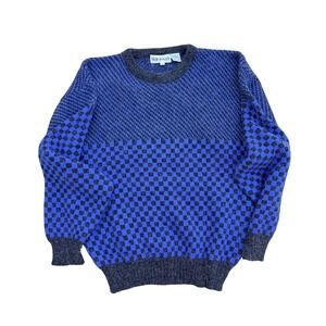 WR GASS Vintage 90s Mens Blue‎ Grey Geometric Checkerboard Knit Sweater Size M